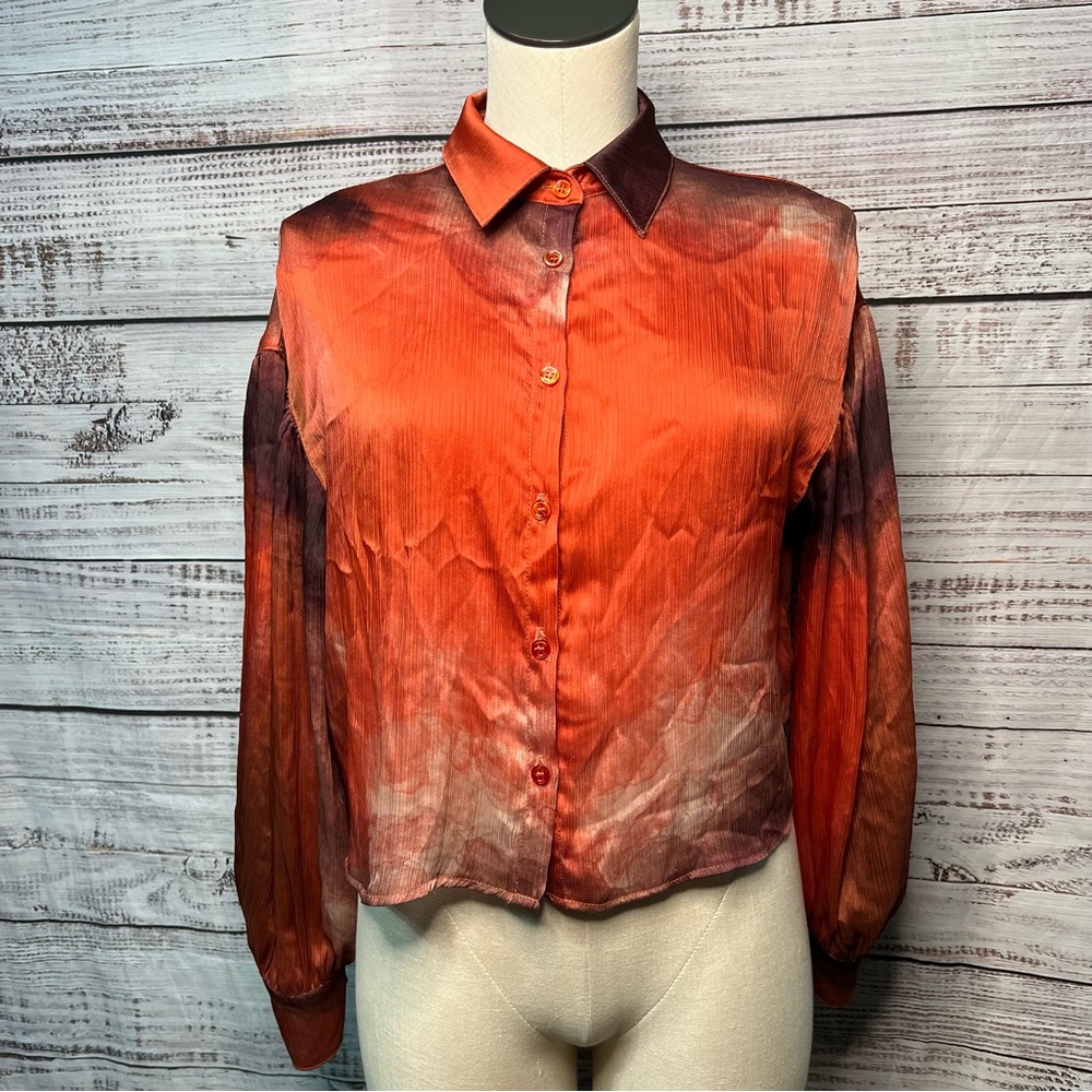 Bailey 44 Button Up Blouse XS Orange Purple Long Sleeve‎ Pleated Fabric